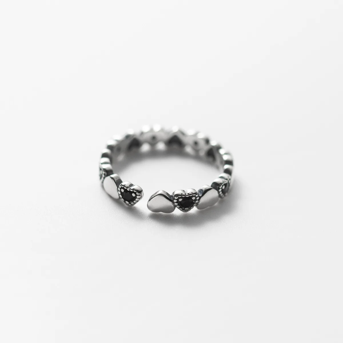 100% Solid 925 Sterling Silver Resiazble Rings Black Cute Heart-Shape Gem Crystal Retro Style Chic Women's Jewelry