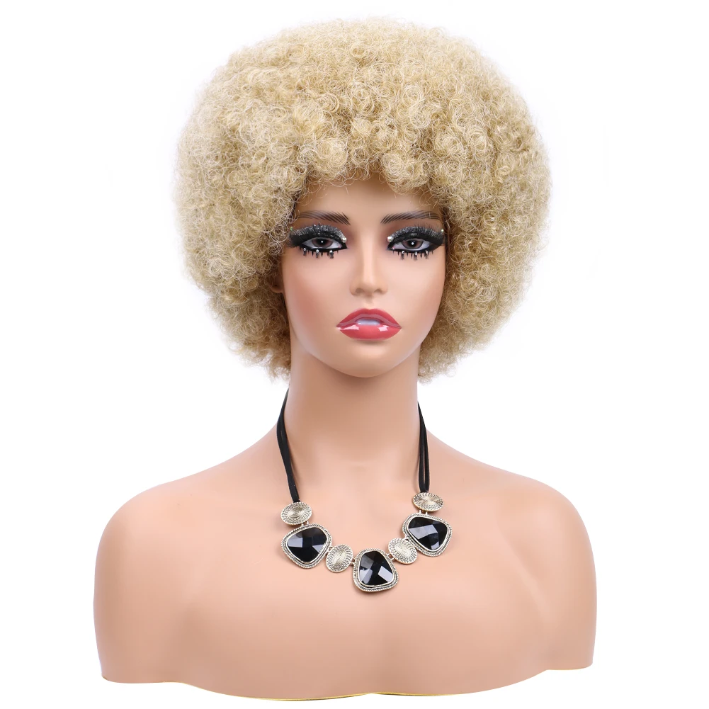 Short Afro Fluffy  Wig 70S Light Soft Natural Blonde Wig Synthetic Glueless Wear and Go Wig For Black Women