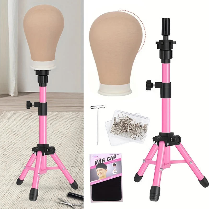 

pink mini Wig Stand Adjustable Tripod Stand Holder with Mannequin Head Tripod Hairdressing Training Head stand for wigs making