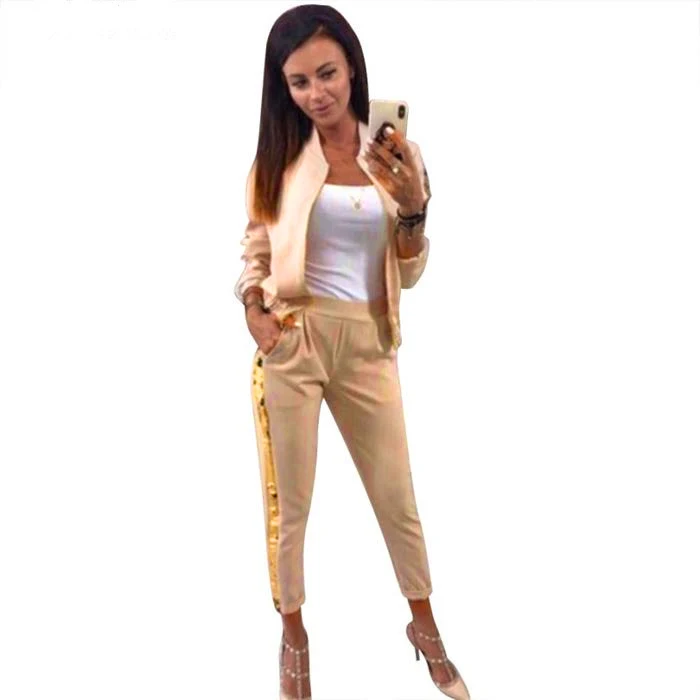 2024 Spring European and American Fashion Casual Sequin Spliced Coat  Pants Sports Set for Women