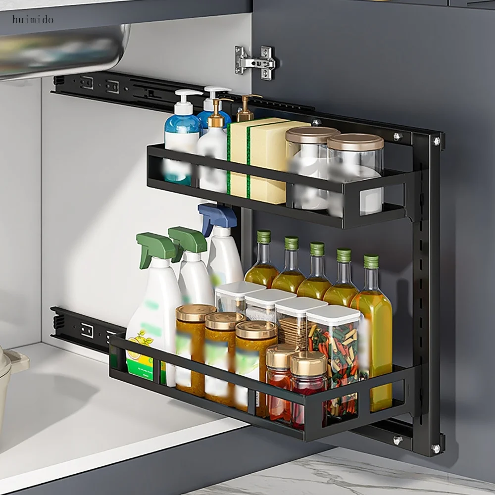 2 Layers Sink Rack Storage Cabinet Storage Rack Pull-out Bathroom Finishing Shelf Wall-mounted Pull-out Basket Kitchen Organizer