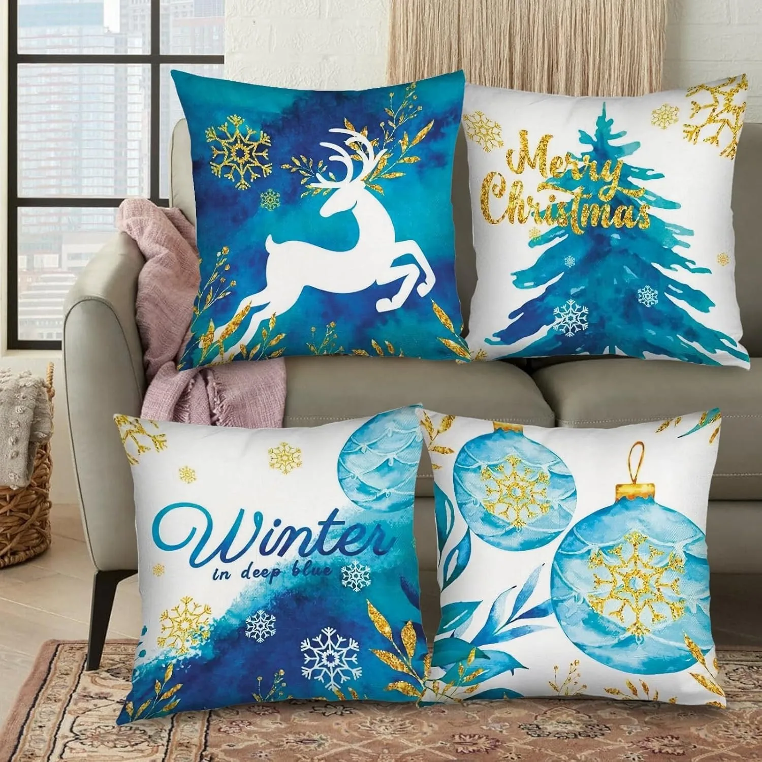 Winter Wonderland, Set of 4 Festive Blue Christmas Pillow Covers - 18x18 Inches, Featuring Trees & Deer Designs, Zip Closure