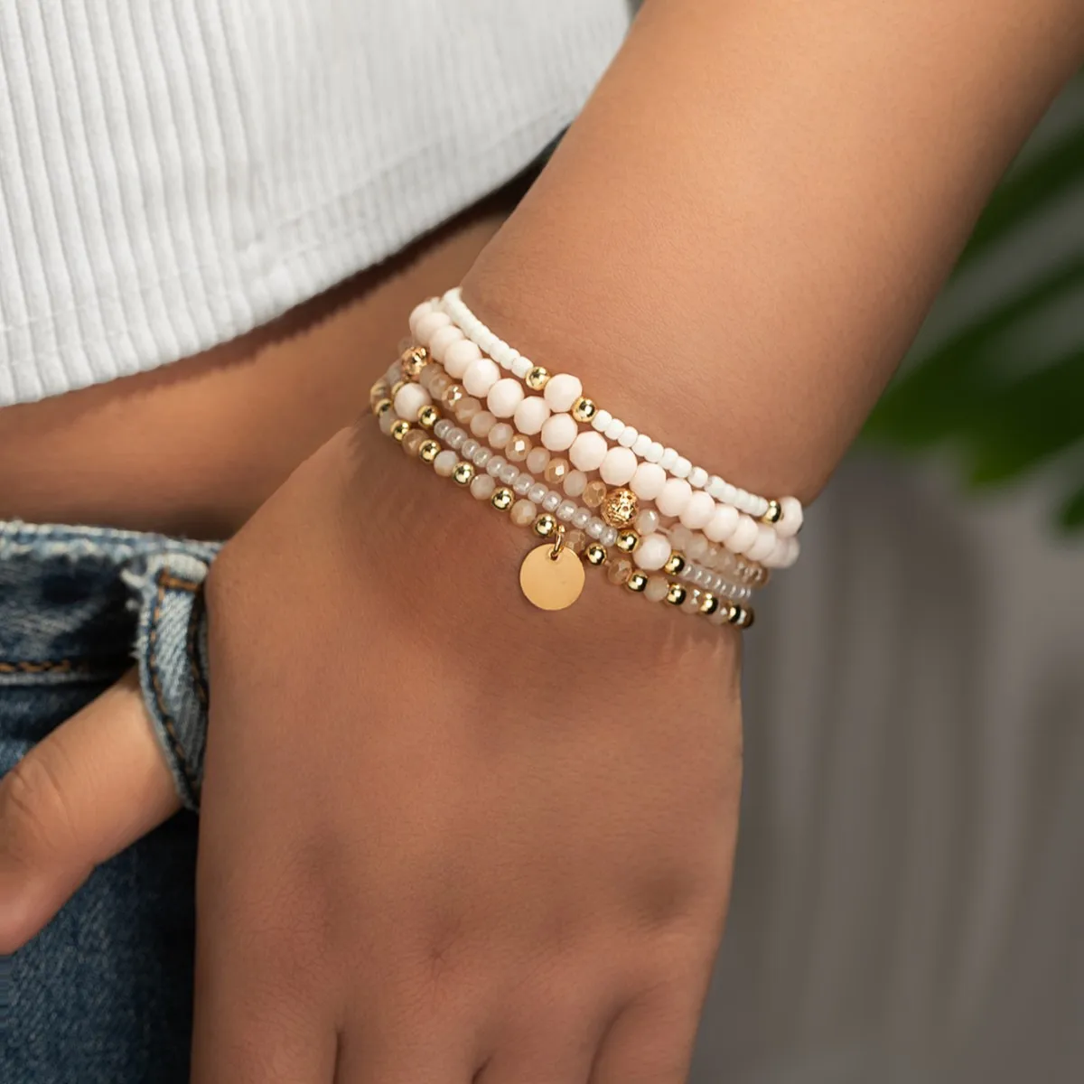 

5Pcs Fashion Resin Beaded Bracelet Set For Women Round Piece Charm Elastic Bead Chain Bangle Wrist Strap Female Vacation Jewelry