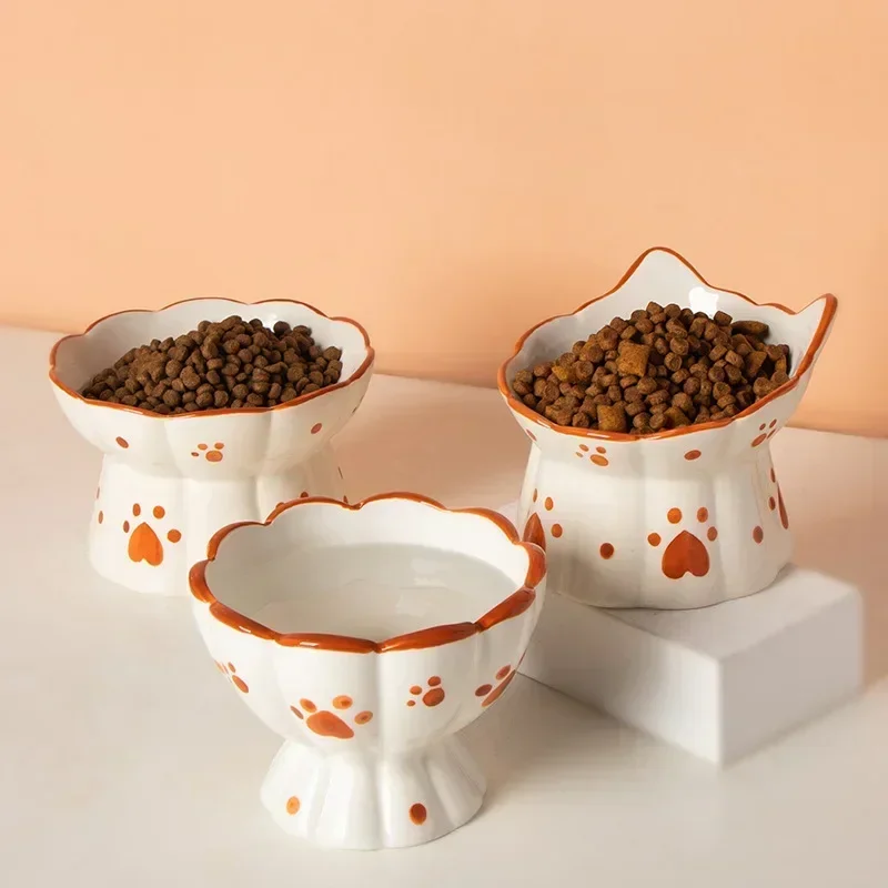 Cat Ceramic Food Bowl Elevated Pet Drinking Eating Feeders Small Puppy Dogs Snack Water Bowls Set Cats Feeding Accessories