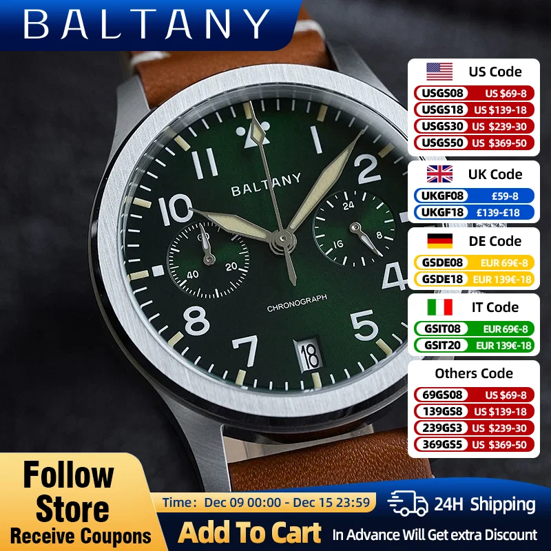 Baltany-Reloj de pulsera de acero inoxidable 316L, cronógrafo con calendario, movimiento de cuarzo, 100M, resistente al agua, Militar