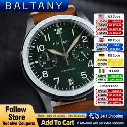 Baltany-Reloj de pulsera de acero inoxidable 316L, cronógrafo con calendario, movimiento de cuarzo, 100M, resistente al agua, Militar