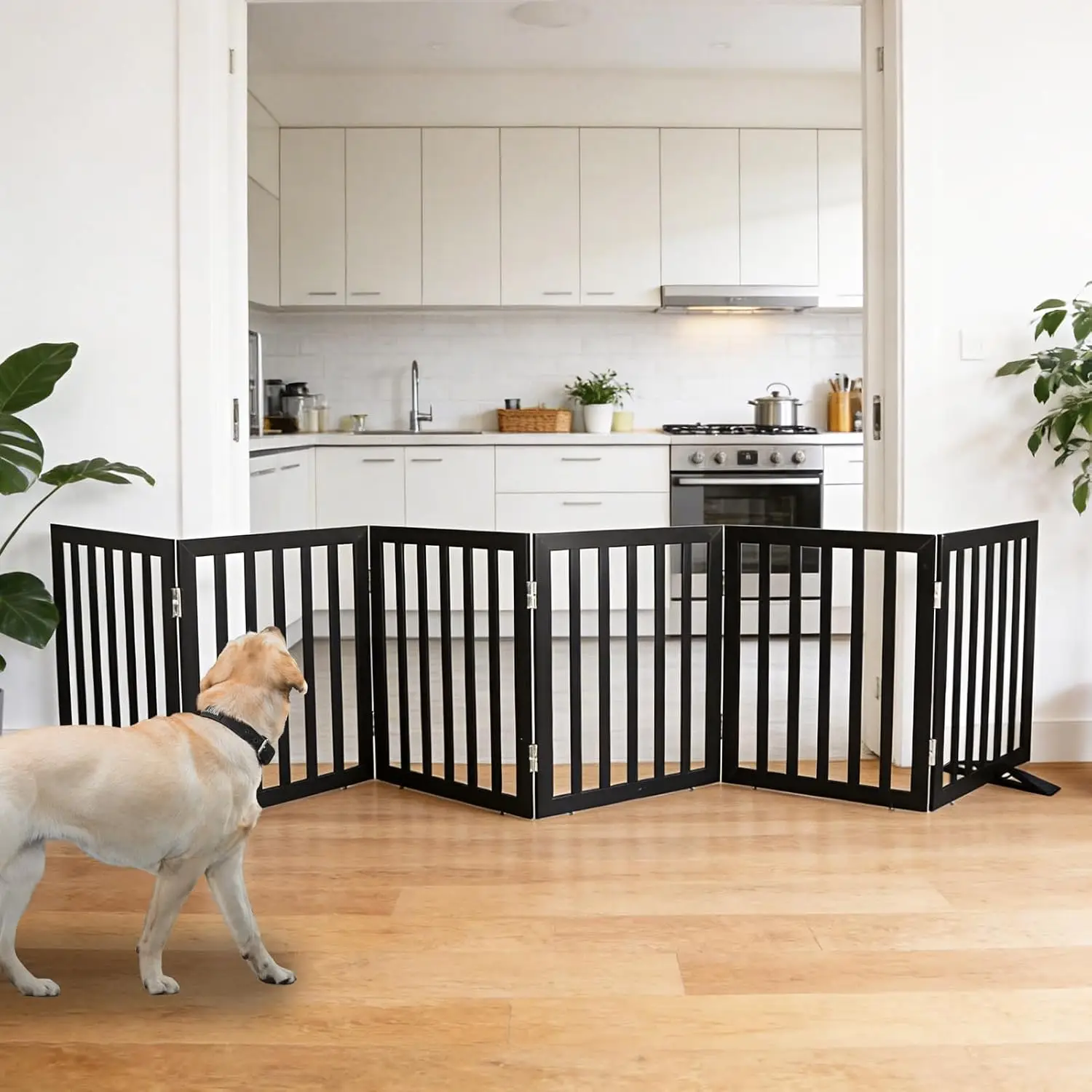 Freestanding Indoor Dog Gate for House Foldable Wood Puppy Gate for Doorways Pet Gate for Stairs Extra Wide Pet Fence, Black, 24