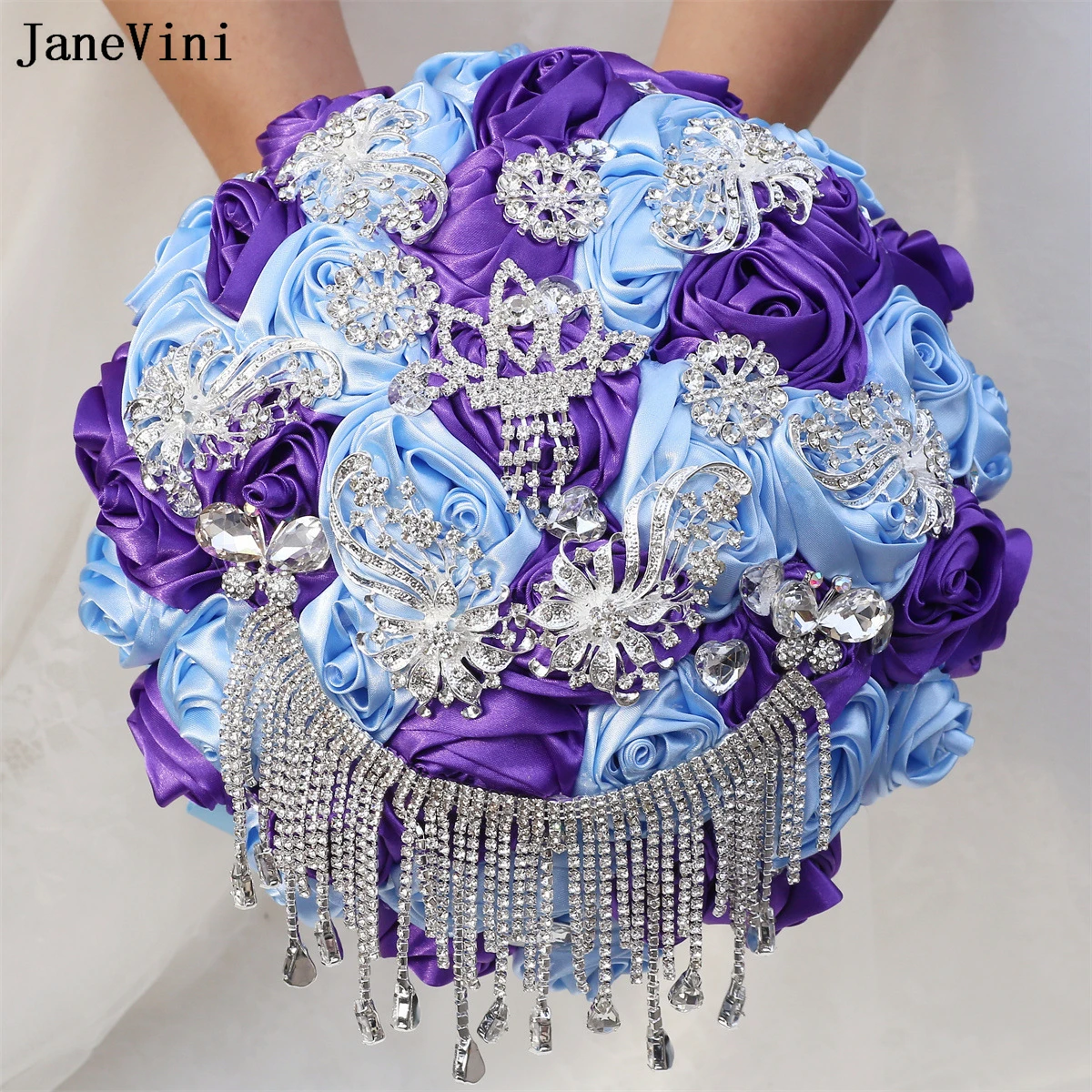 JaneVini جديد بلينغ الماس شرابات الأزرق الأرجواني باقات الزفاف الزهور اليدوية الساتان الورود كريستال العروس الزفاف بروش باقة