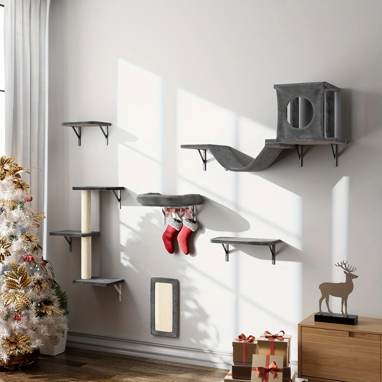 

7pcs Wall for cat Shelf, 6pcs Deluxe Wall Mounted for cat Climbing Shelf Set, Indoor for cat Furniture, Includes for cat Condo,