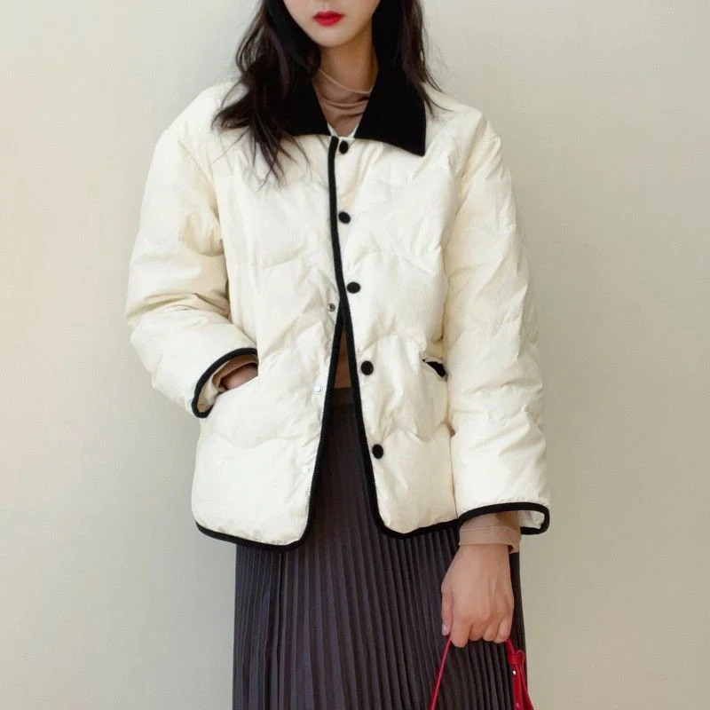 겨울 여성 느슨한 코튼 자켓 여성 새로운 대비 색 패치 워크 옷깃 자켓 한국어 간단한 두꺼운 따뜻한 긴 소매 파카