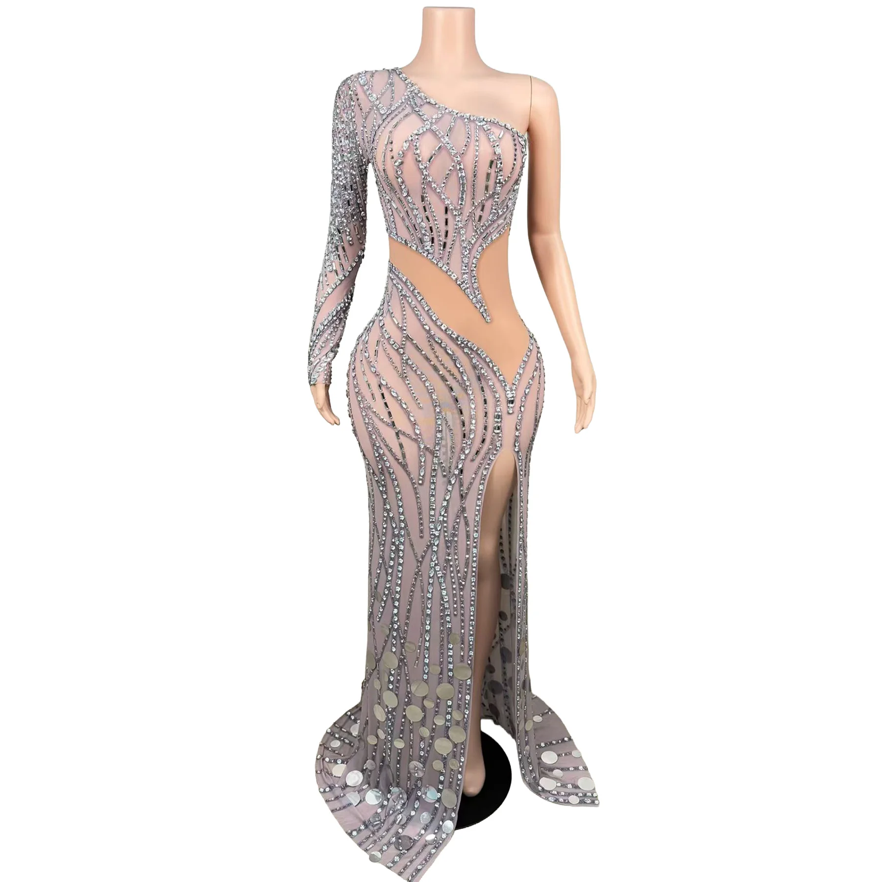 Shuicao Luxury Sheer Nude Mesh Silver Disc Sequins Mermaid Dress One Shoulder Long Sleeve High Split Birthday Photoshoot Gown