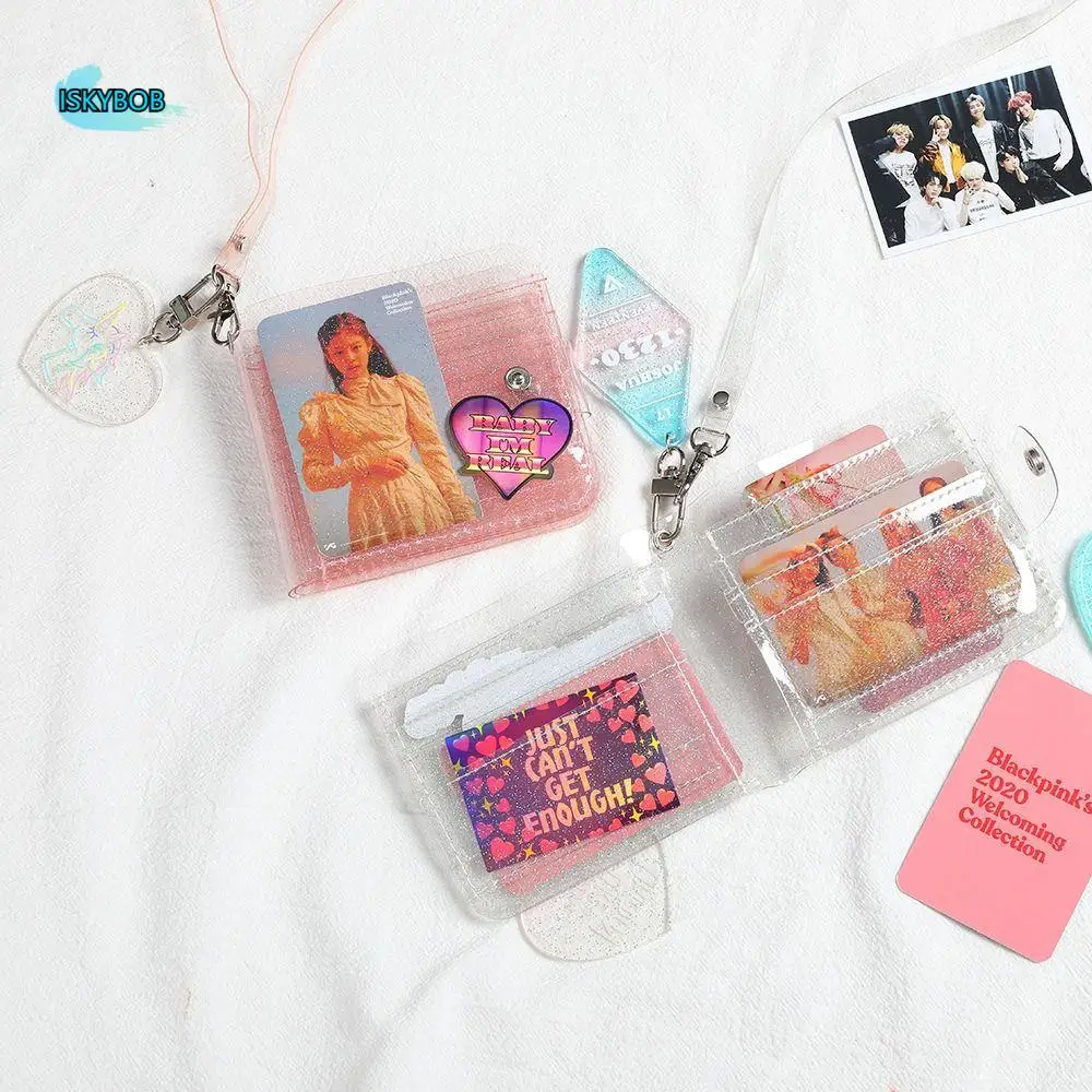

Fashion Jelly Color Credit Card Holder Wallet PVC Transparent Hand Bags with Neck Strap Small Purse Ladies