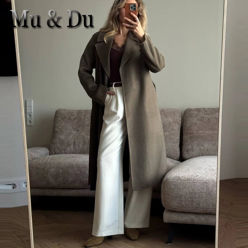 Original Elegant Wool Coat Women's Autumn Mid Length Adjustable Waist Long Winter Jacket Casual Long Sleeve Fashion Wool Coats