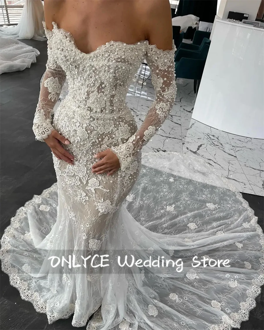 

Luxury Dubai Mermaid Wedding Dresses Lace Long Sleeves Beads Pearls Appliques Bridal Gowns Vestido De Novia Customized