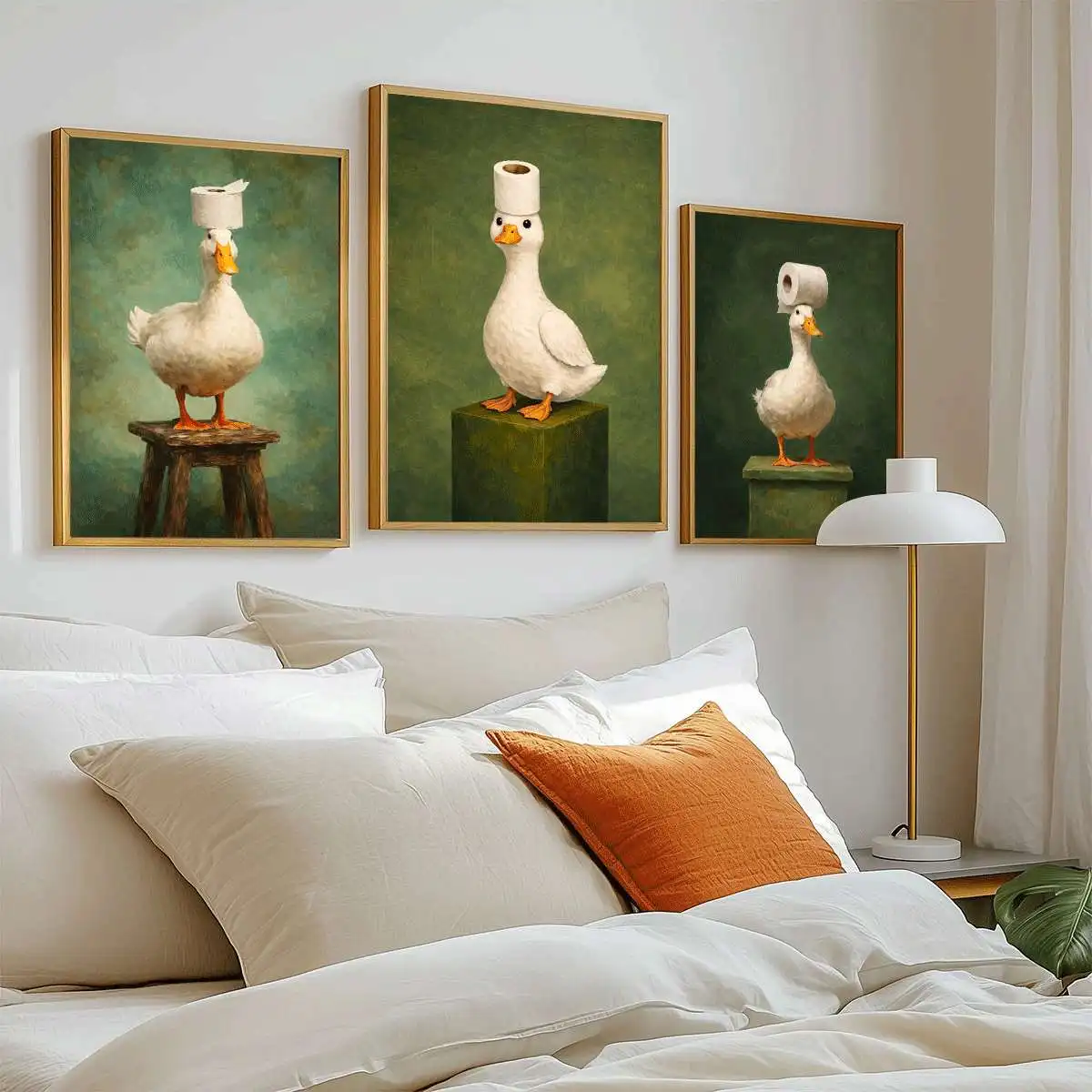 3PCS frameless decorative art print,3PCS Fun Ducks and Toilet Paper Art Poster  Toilet Wall Art  Green Background Wall Decoratio