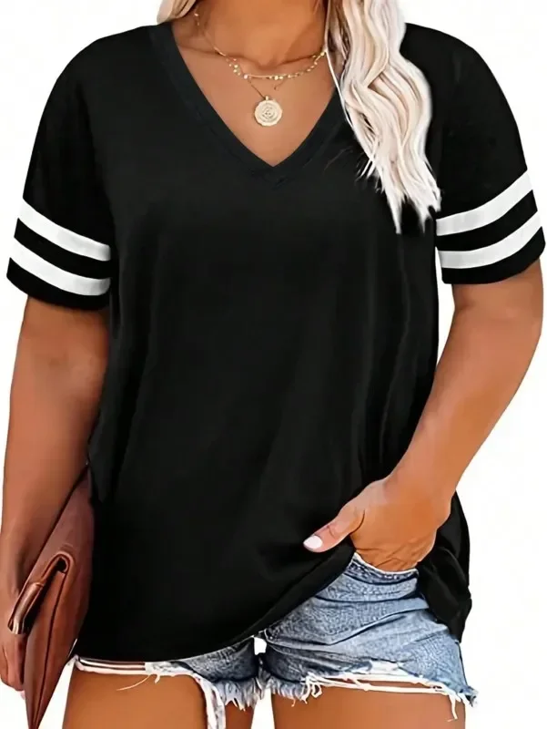 Frauen Mode Plus Größe V-ausschnitt Sommer Farbe Blockiert T-shirt Sommer Lose Top Kurzarm Casual T-shirt 1XL-8XL – Detail 6