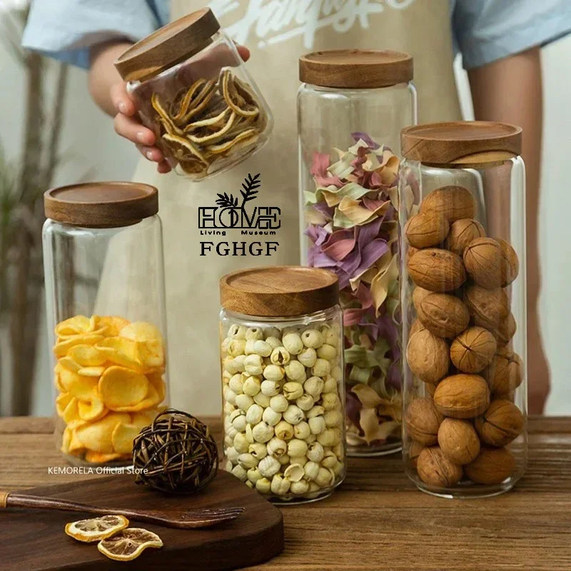 

Coffee bean cereal candy jar container wooden lid glass sealed jar kitchen storage bottle food container cereal tea