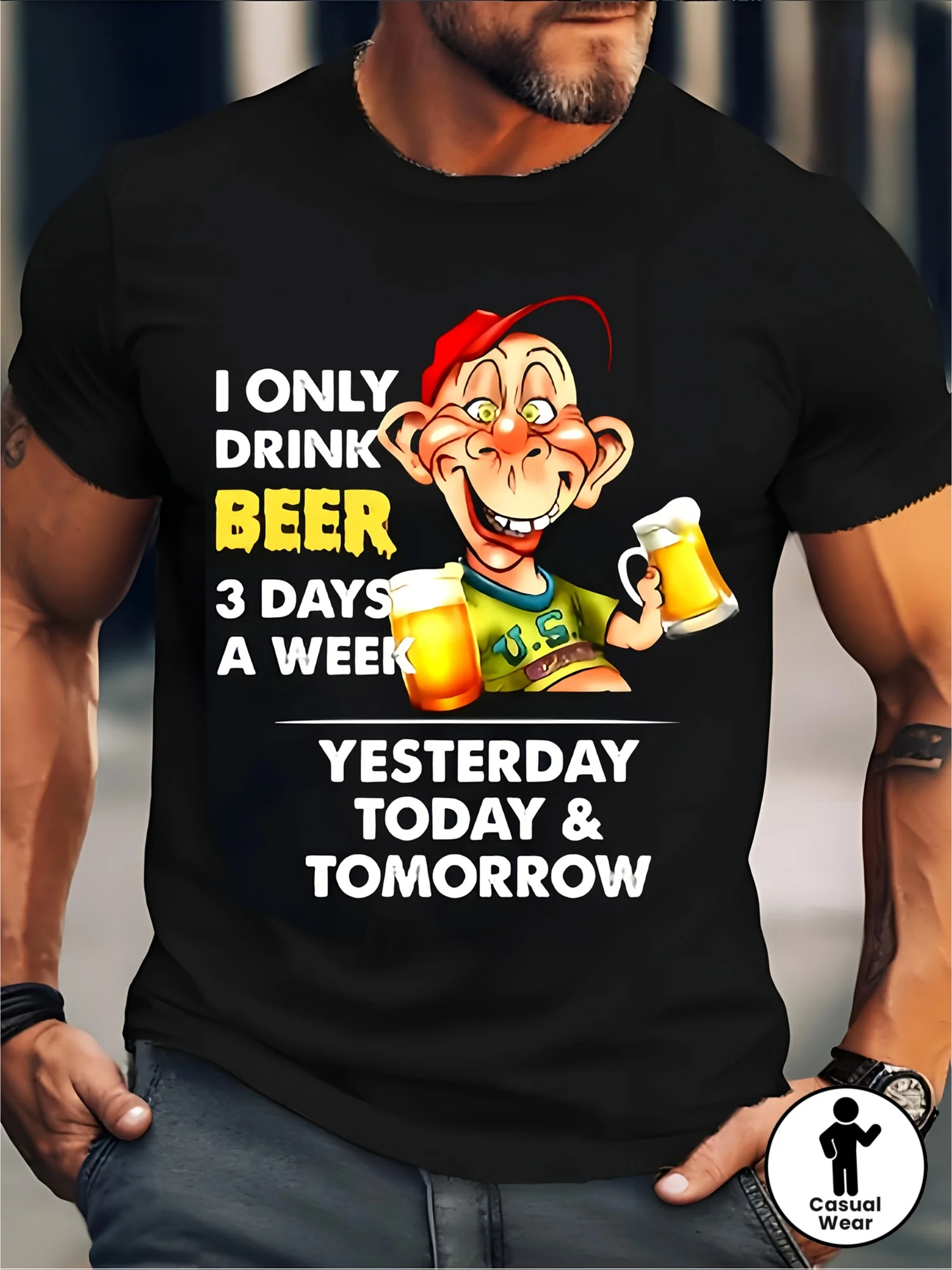 Camiseta Gráfica Divertida para Amantes de la Cerveza - Diseño Humorístico "Solo Bebo Cerveza Durante Tres Días", Estilo Urbano Negro, Manga Corta Unisex, Ropa Deportiva Casual, Estampado por Transferencia Térmica con Personaje de Dibujos Animados