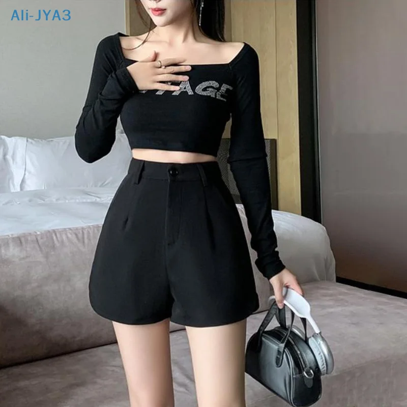 

Fashionable Black Apricot High Waist Office Business Wide Leg Suit Shorts For Women