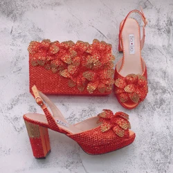 BS1667 Luxury New Design Custom Made Women Shoes Floral  Bridal Wedding Shoes Orange Gold Flower Shoes With Matching Bag