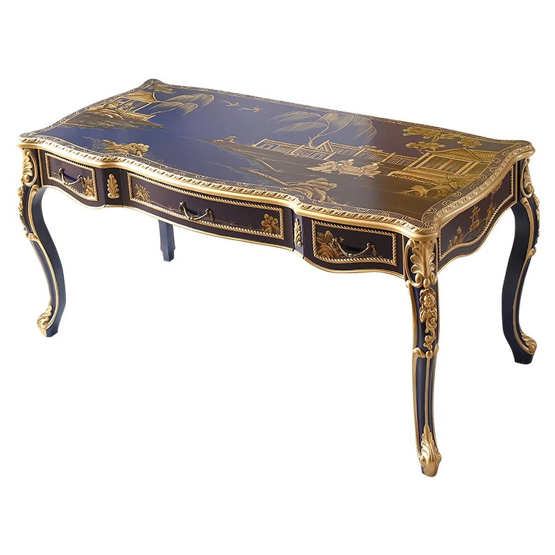 French Chinese style villa royal blue hand-painted solid wood rectangular dining table, desk, chair, writing desk, calligraphy a