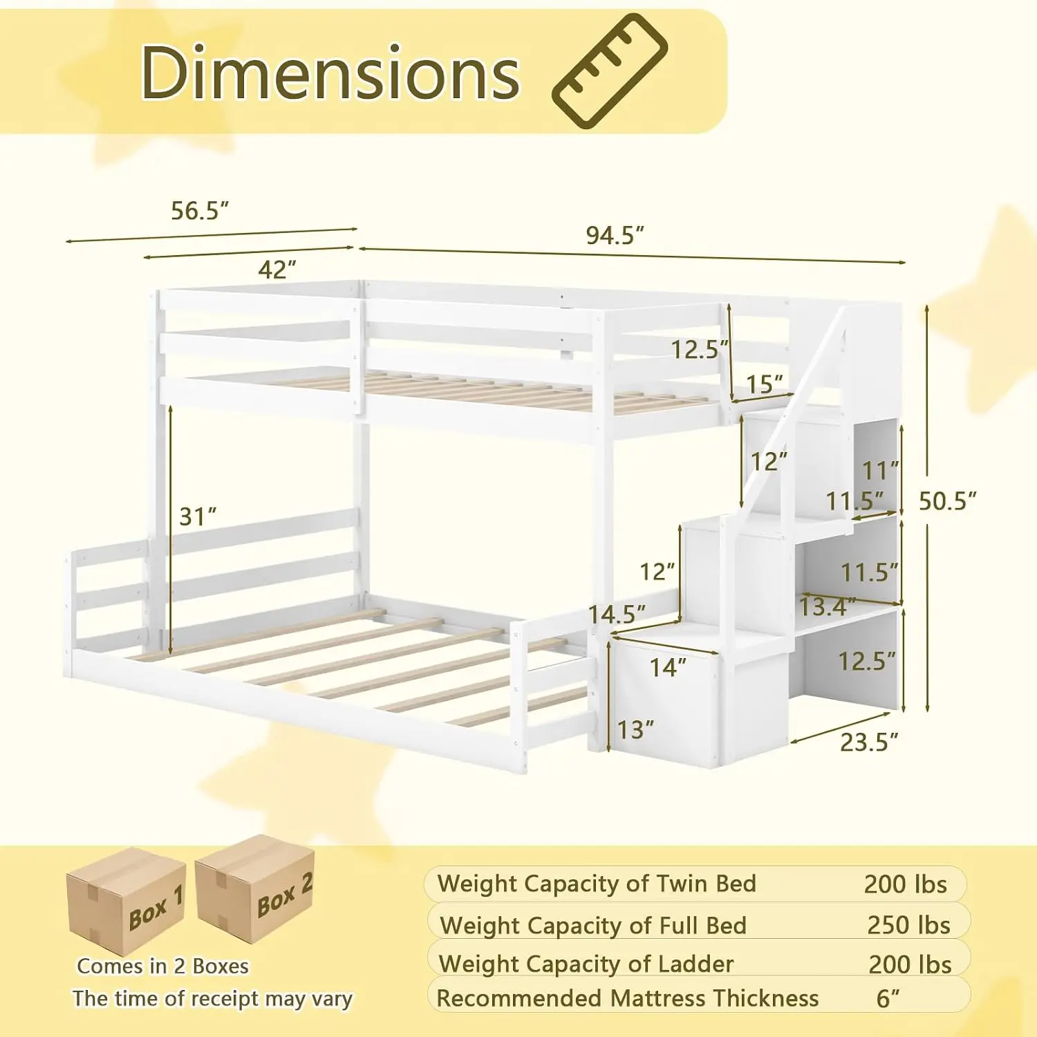 Wood Twin Over Full Bunk Bed with Storage Staircase & Guardrails, Low Kids Bed with Slats Support No Box Spring, Customized
