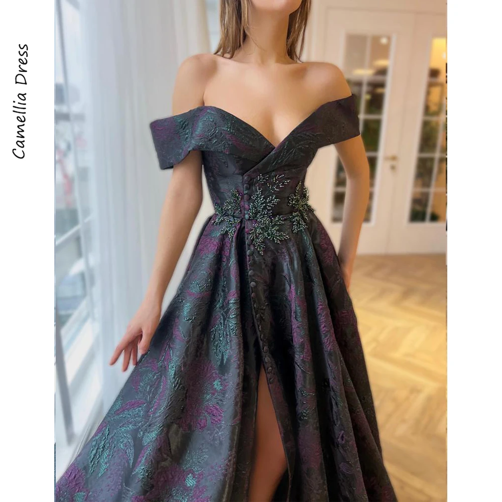 Vestidos De Noche De corte en A para mujer, traje Formal con abertura en la pierna y hombros descubiertos De cristal para Fiesta