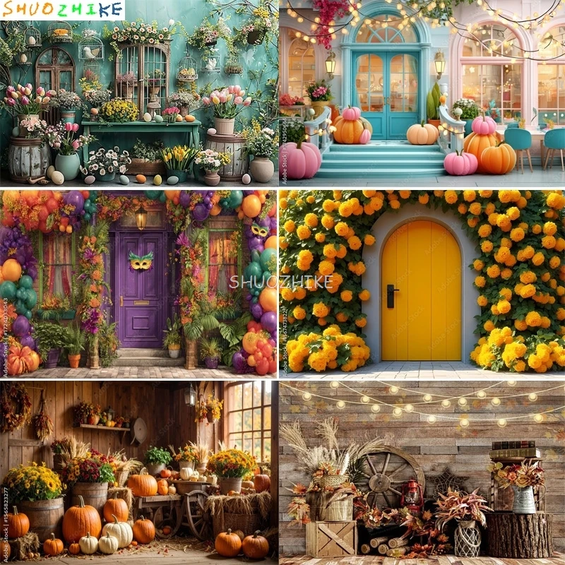 

Красочный пасхальный день цветочный фон для фотосъемки дверной проем яйца кролик пастельный химерный весенний сад фон для дня рождения HF34