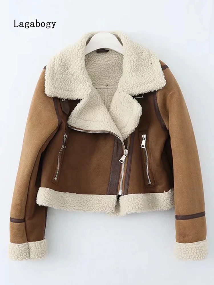 Suede Lagabogy Winter Women Moto Biker Faux Fur Jacket Short Thick Warm Coat Streetwear Female Sheepskin Artificial Lamb Outwear