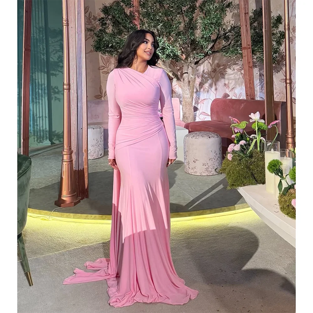 

Modern Evening Dress Pink Long Sleeves Simple Evening Gowns for Women 2025 Pleated Mermaid Formal Party Dresses Customized