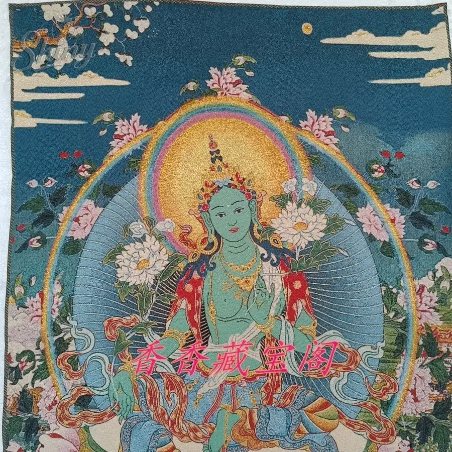 35.4″ Green Tara Thangka Painting Brocade Tibetan Tangka Embroidery Painting Gold Thread Embroidery Decorative Hanging Pictures