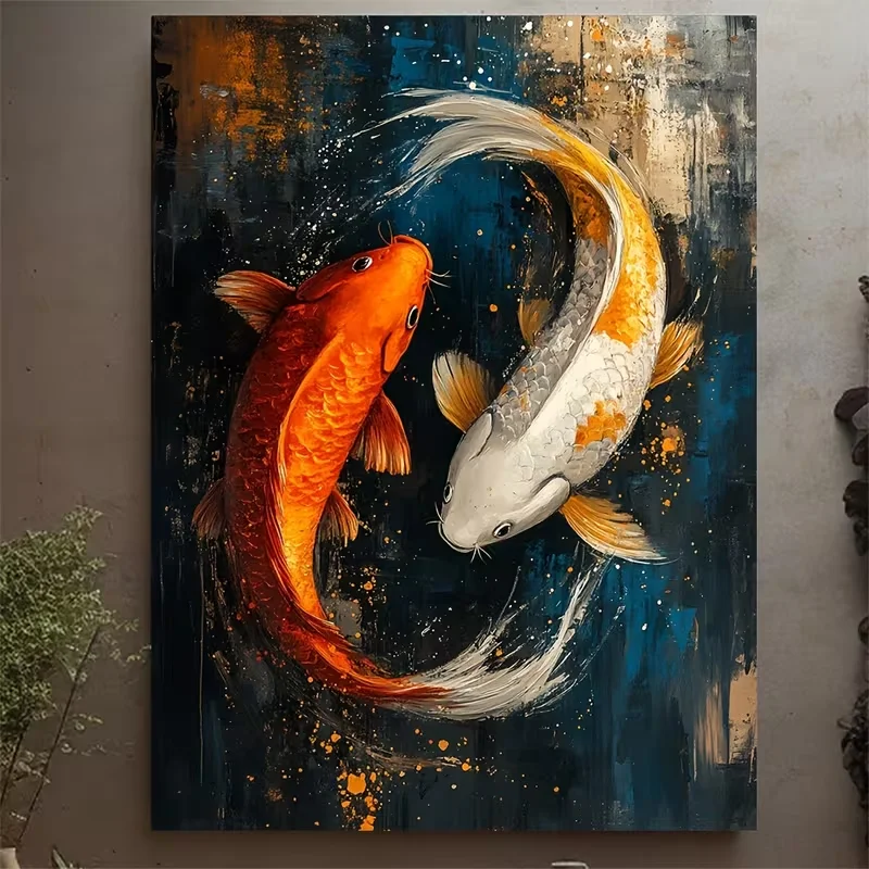 2D Flat, 2D Flat Painting 1pc No Framed Canvas | Posters & Prints | Yin Yang Koi Fish Zen Wall Art Canvas Print, 12x16inch,