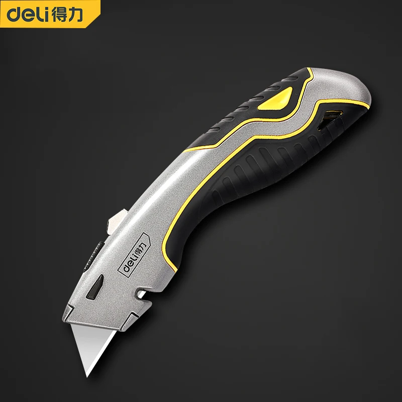 Deli-Heavy Duty Box Cutter, liga de zinco canivete, terceira engrenagem retrátil utilitário faca, built-in 3 lâminas para tapete de couro