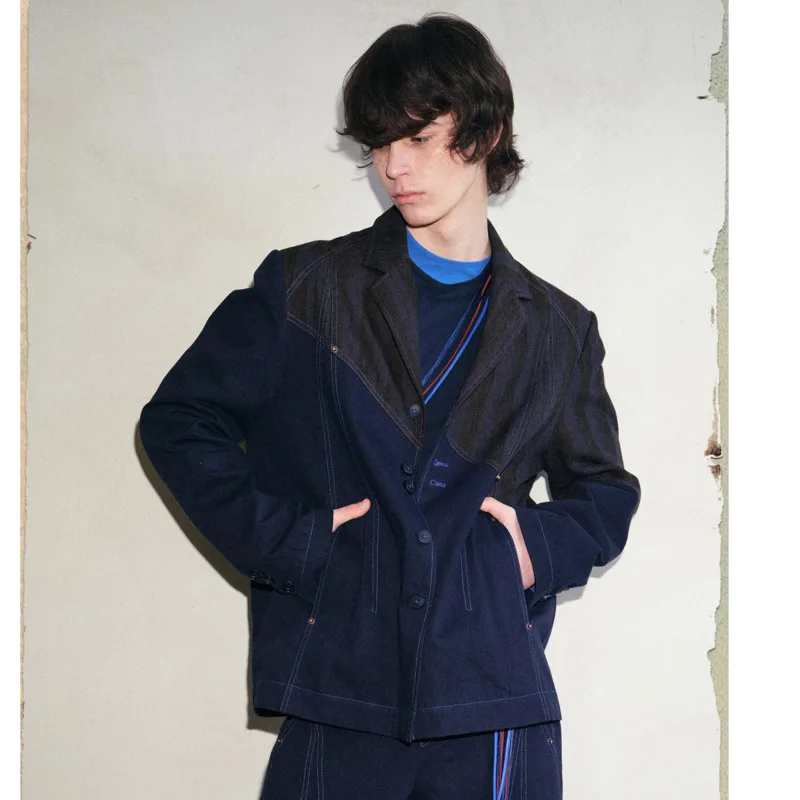 WVGA Spring Autumn New Men Original Design Color Blocked Artistic Trendy Blazer Niche Chic Causal Turn-Down Collar Jacket W26369