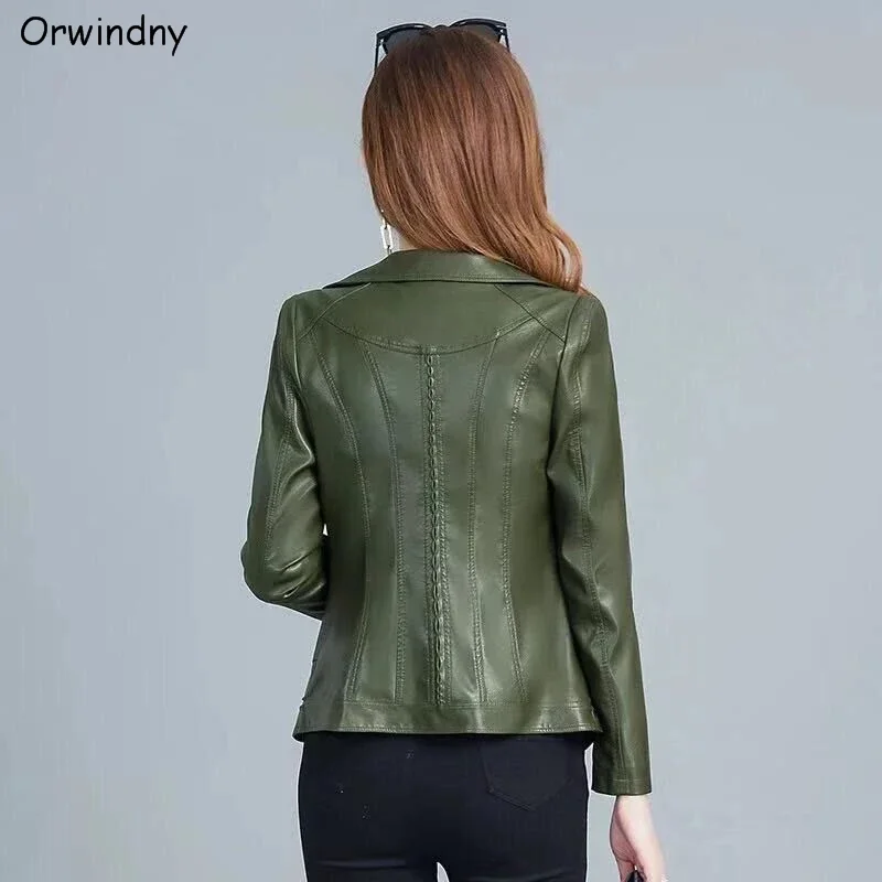 Orwindny Women Leather Coat L-3XL- 5XL Army Green Leather Jacket Female Slim Casual Autumn Leather Clothing Base Zipper Suede