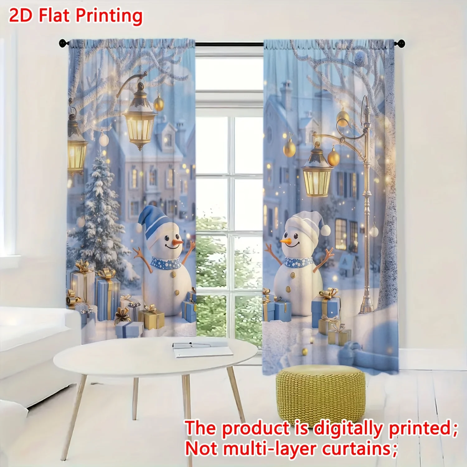 Charming Snowman Winter Christmas Town Square Digital Art Print Curtains for Festive Home Window Decoration Holiday Season Decor