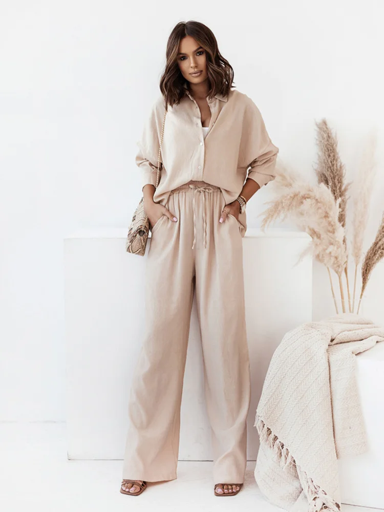 Casual Women Tracksuit Shirts Pant Suit Summer Long Sleeve Shirt Wide Leg Pants 2 Pieces Set Female 2022 Lady Fashion New Outfit