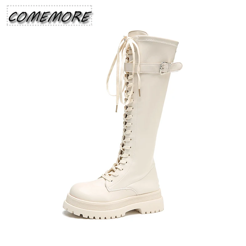 Lace Up Zipper Boots Platform Knee Length Boots Wear-resistant Non-slip Women Boot Winter Female British Wind 2023 Thick Bottom