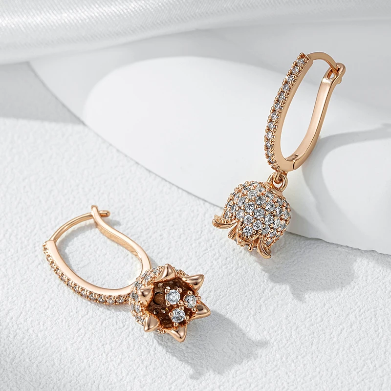 Kienl Hot Full Shiny Natural Zircon Long Drop Earring for Women 585 Rose Gold Color Unique Crystal Flower Daily Vintage Jewelry
