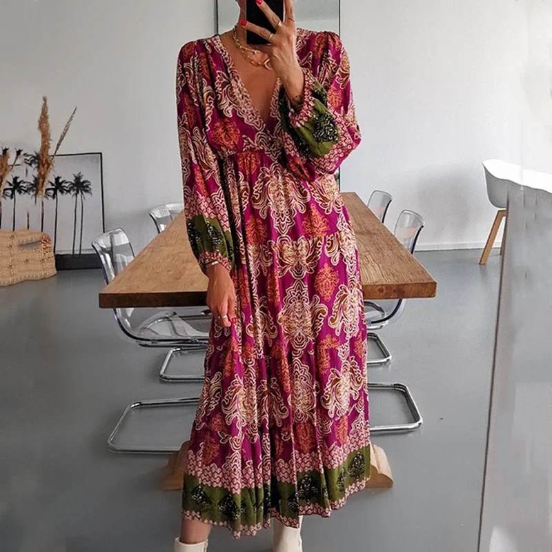 2022 Autumn Vintage Pattern Printed Dress Women Casual Long Sleeve V Neck Draped Dress Ladies Fashion Loose High Waist Dresses