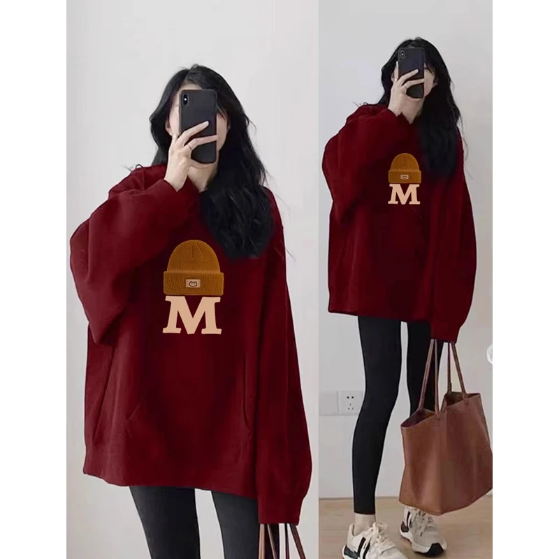 

Красная толстовка с капюшоном цвета винного красного вина, женская, на утепленной подкладке, свободного кроя, с принтом «Год Змеи», весна 2025, корейский стиль