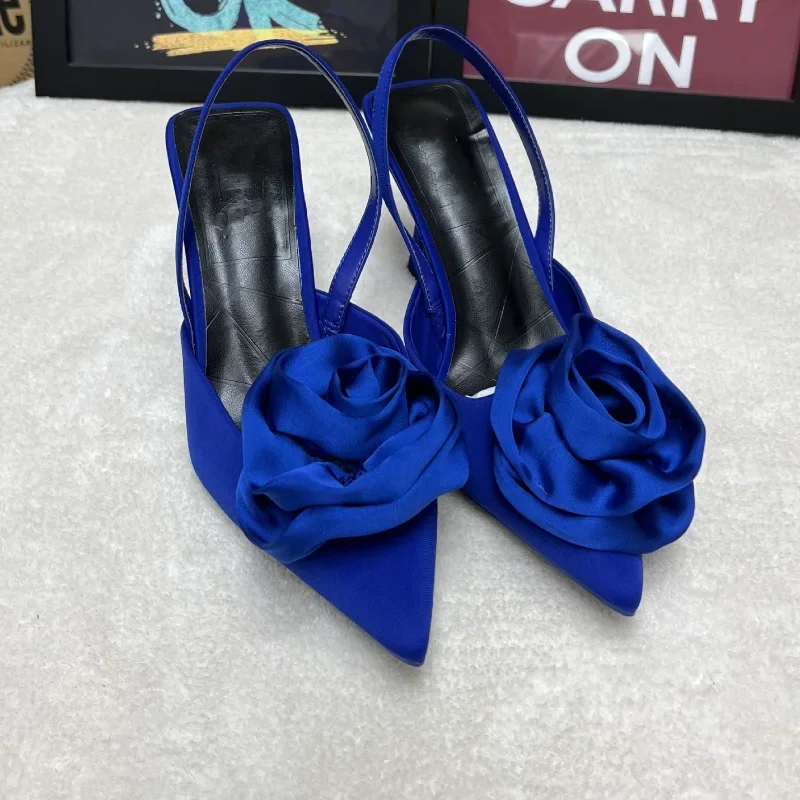 Bombas elegantes de dedo apontado para senhoras, plus size, design de flores, slip slingback de luxo, mulas de salto alto, sapatos femininos, moda