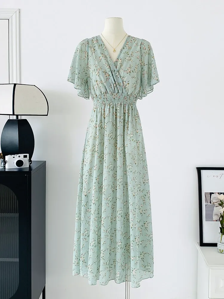 2026 Neues Sommerkleid Damen Elegantes Kurzarm V-Ausschnitt Blumendruck Chiffon Maxikleid Boho Hohe Taille Strand Langes Kleid