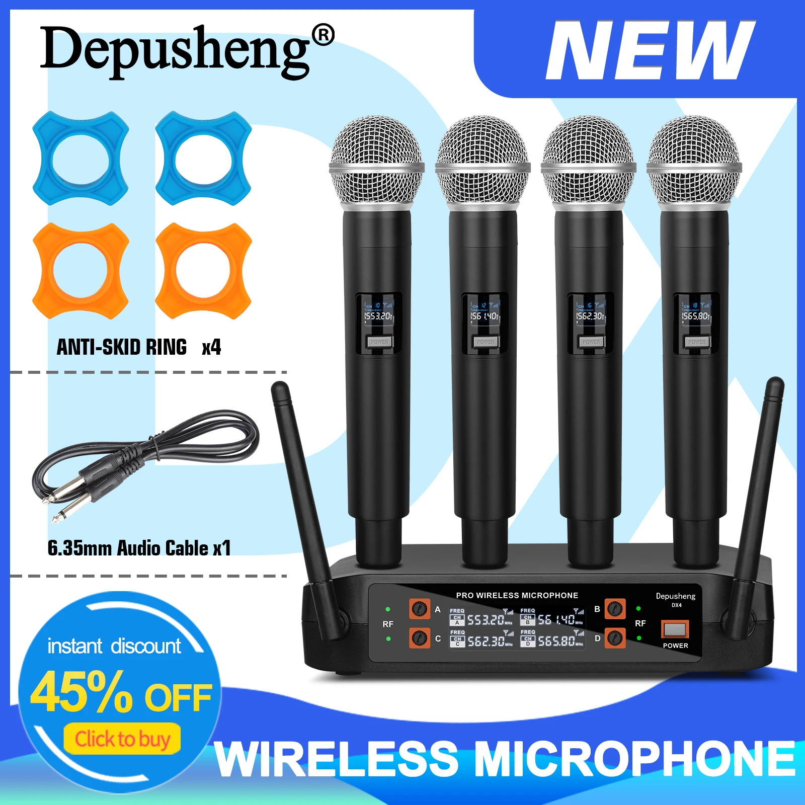 

Depusheng X4 4Channel Wireless Microphone System with Pro Audio Quality, Includes Anti-Skid Rings and 6.35mm Audio Cable Perfe