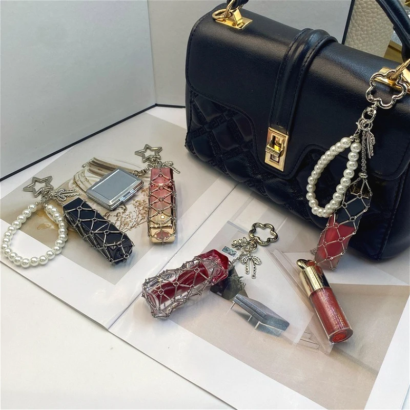 جديد زهرة مشبك اللؤلؤ السوار أحمر الشفاه سلسلة حقيبة المفاتيح غطاء مرآة شعار مخصص الشفاه بلسم كيس شبكي حلقة رئيسية النساء هدية #6