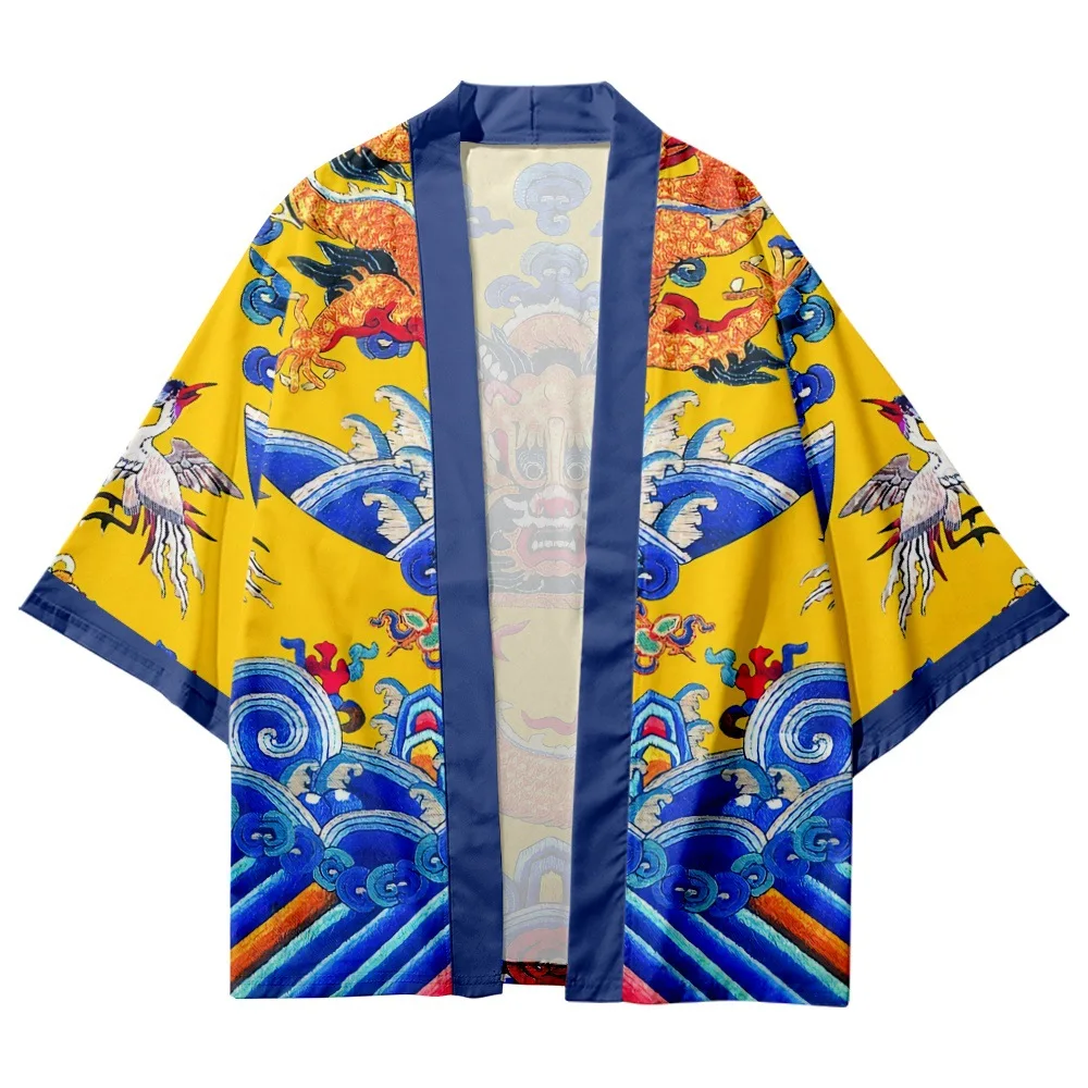 Summer Women Men Cartoon Chinese Dragon Printed Loose Japanese Kimono Streetwear Beach Cardigan Robe Haori Top Yukata