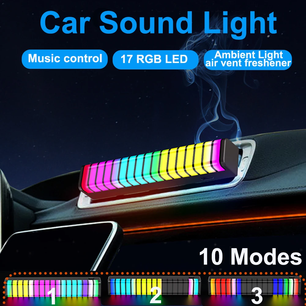 

Visible Music Car Sound Light 17 RGB LED Rhythm Pickup Lamp 3D Screen Atmosphere Light Bar 2 in 1 Ambient Lights Air Freshener