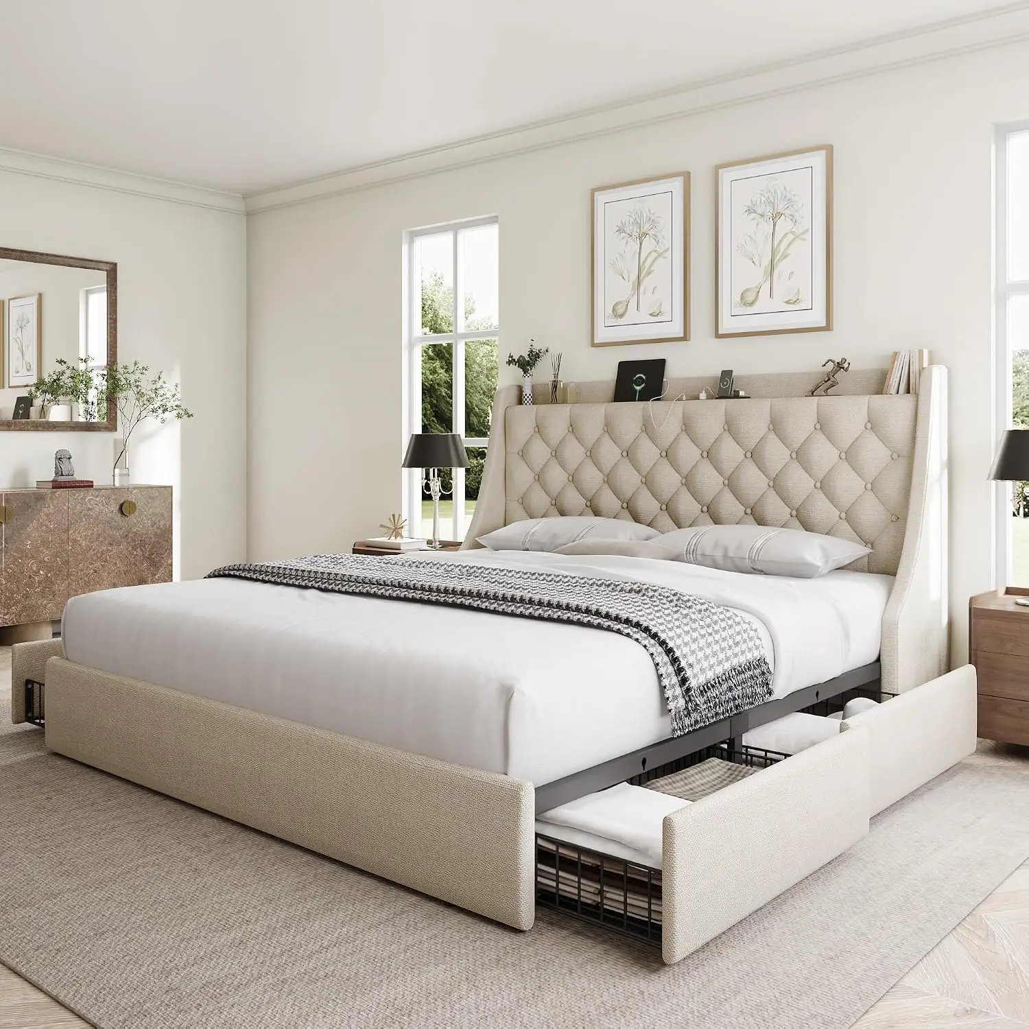 King Upholstered Platform Bed with Storage Drawers, Wingback Headboard, USB Charging, Noise-Free, Beige, Customized