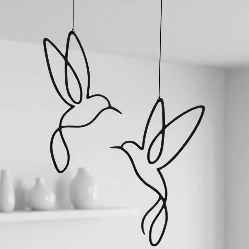 2PCS Black Hummingbird Silhouette Ornament Minimalist Wall Mounted Metal Hummingbird Wall Art Wire Art Bird Hanging Ornaments