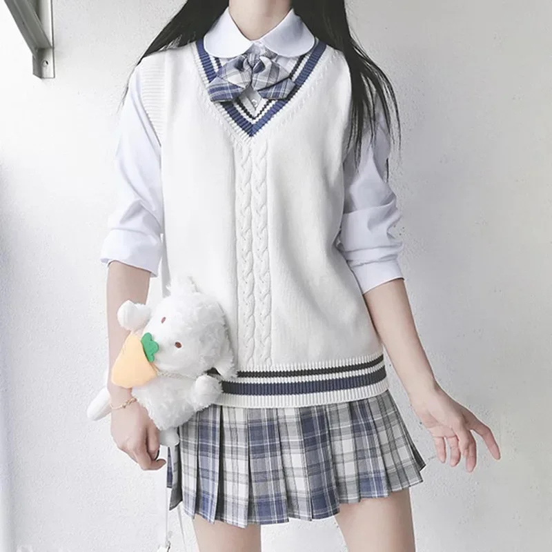 Korean Fashion School Sweaters Spring Autumn Uniform Vest Girls Japanese College V-Neck Jk Uniform Cardigan Cosplay Robe Femme